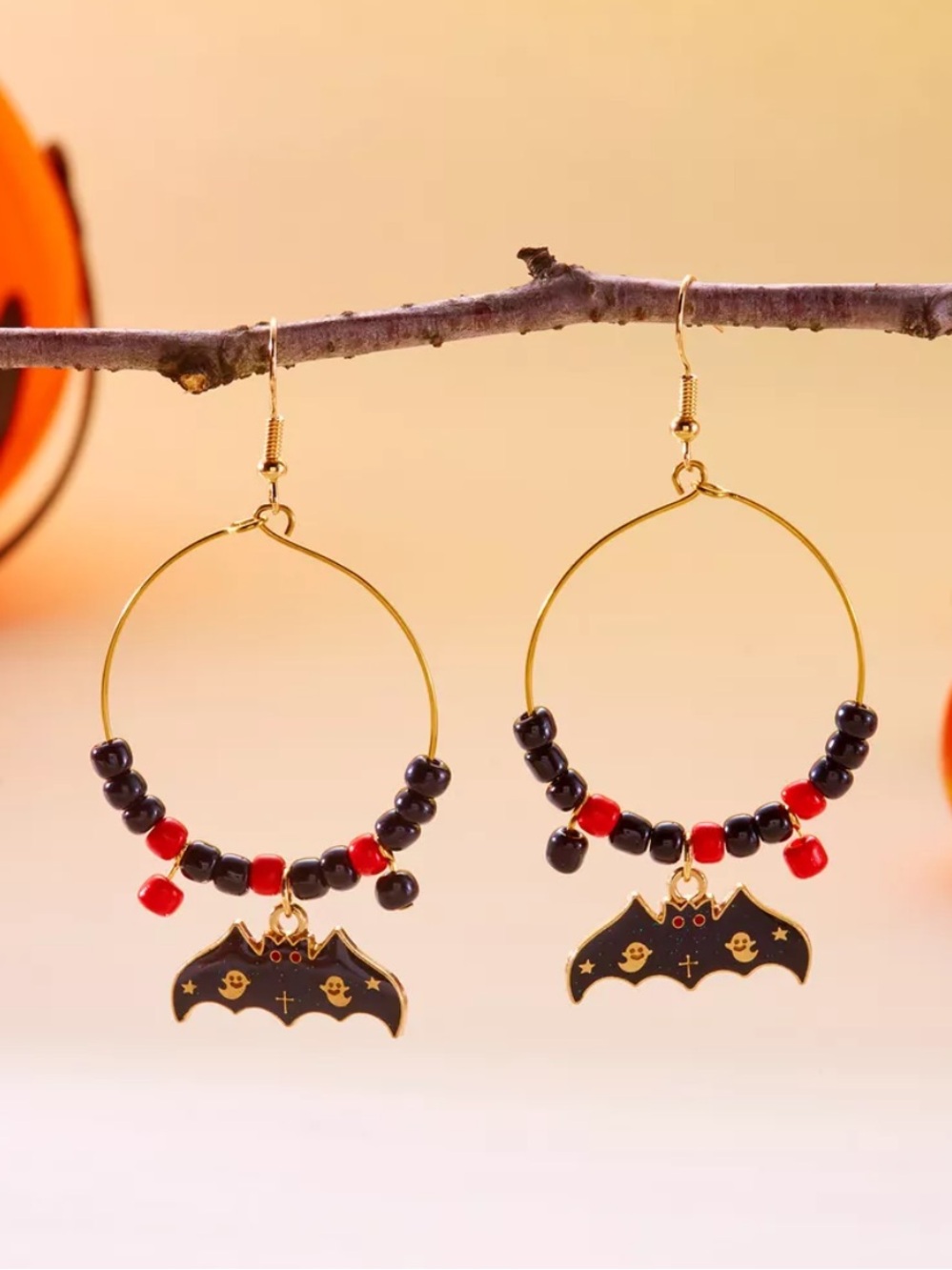 ⭐️ Gold Hoop Earrings with Black Bat Charm and Black & Red Beads